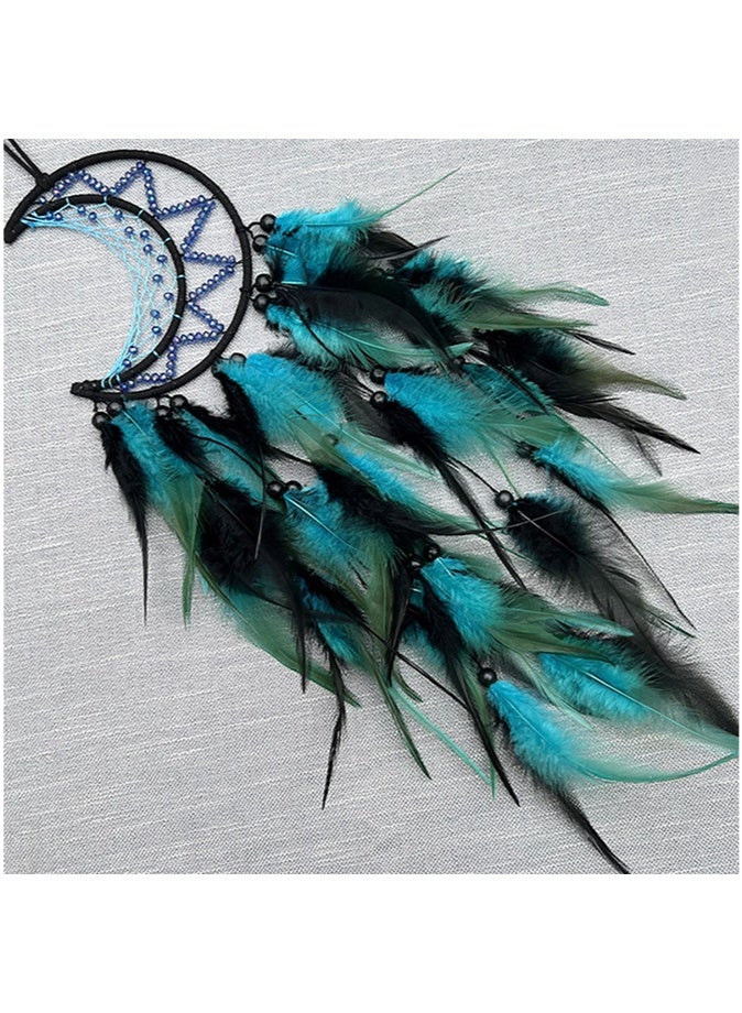 ليانغ سان تشي شبكة أحلام على شكل قمر مزينة بالريش الملون واللؤلؤ - زينة جدارية مصنوعة يدويًا لغرفة النوم، زخرفة منزلية على الطراز البوهيمي، هدية للفتاة - Image 1