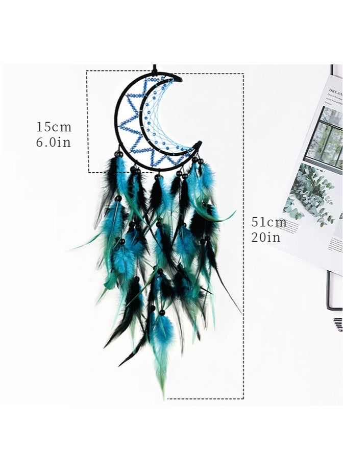 ليانغ سان تشي شبكة أحلام على شكل قمر مزينة بالريش الملون واللؤلؤ - زينة جدارية مصنوعة يدويًا لغرفة النوم، زخرفة منزلية على الطراز البوهيمي، هدية للفتاة - Image 2