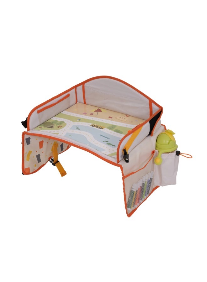 جوفيكيدز Jovikids Car Seat Travel Tray for Kids – Foldable Travel Table with iPad Holder, 7 Storage Pockets, Drawing Surface, Adjustable Strap & Educational Travel Desk | Road Trip Organizer for Children - Beige - Image 2