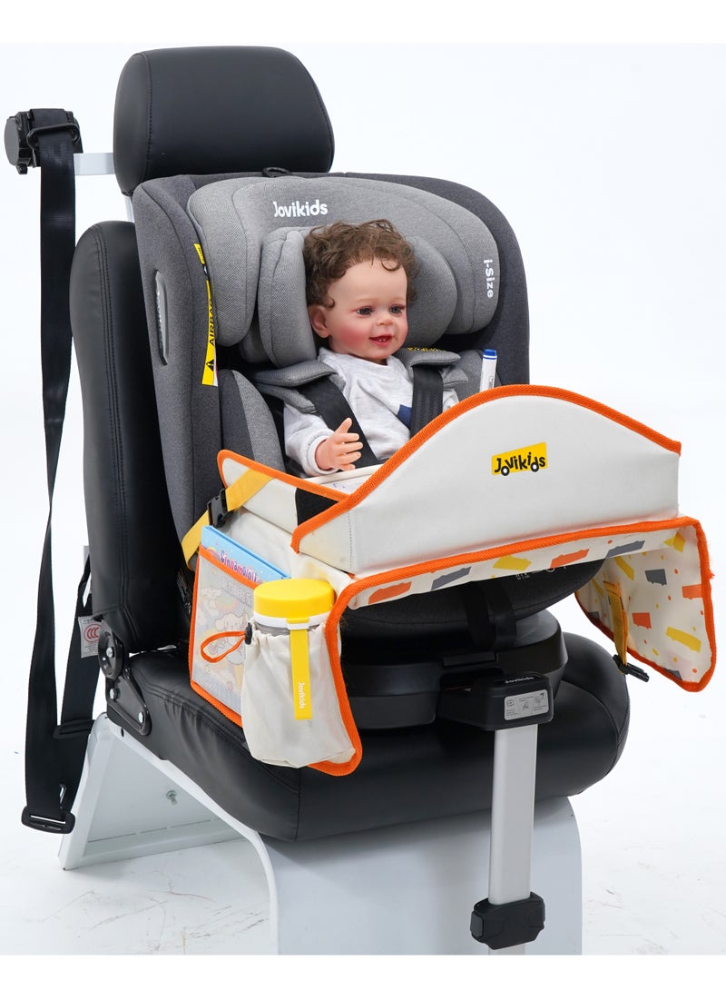 جوفيكيدز Jovikids Car Seat Travel Tray for Kids – Foldable Travel Table with iPad Holder, 7 Storage Pockets, Drawing Surface, Adjustable Strap & Educational Travel Desk | Road Trip Organizer for Children - Beige - Image 1