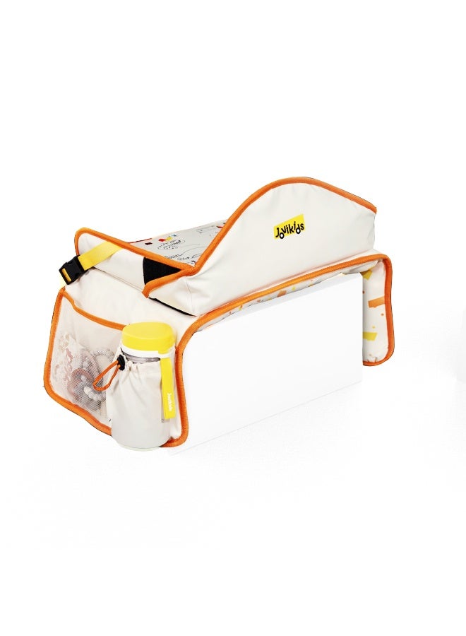 جوفيكيدز Jovikids Car Seat Travel Tray for Kids – Foldable Travel Table with iPad Holder, 7 Storage Pockets, Drawing Surface, Adjustable Strap & Educational Travel Desk | Road Trip Organizer for Children - Beige - Image 5