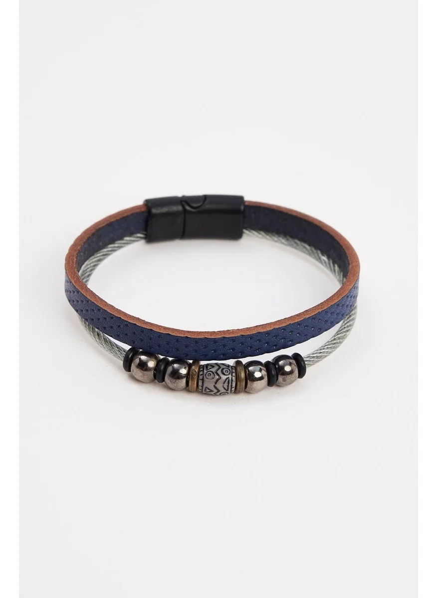 Tudors Men's Genuine Leather Navy Blue Bracelet