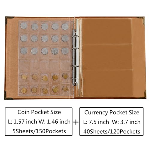 Jayen 120 Pockets Currency Album + 150 Pockets Coin Collecting Album, Paper Money Banknote Collection Book Bills Holders Supplies for Collectors (40+5 Sheets) - Image 2