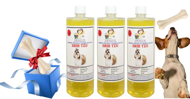 swacch Shampoo | Puppy Safe Shampoo | Shih Tzu Dog Shampoo (1 Litre) (Pack of 3) Lemon + Large White Bone | Dog Chew Bones | Teething chew Toy | Dental Teething | Combo Pack - Image 1