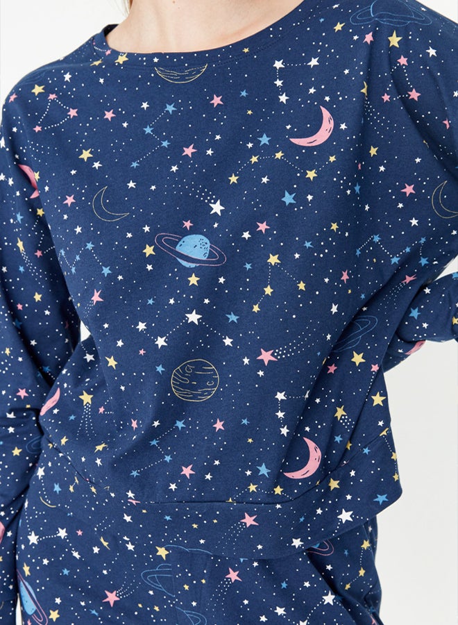trendyol Navy Blue 100% Cotton Galaxy Patterned Knitted Pajama Set - Image 4