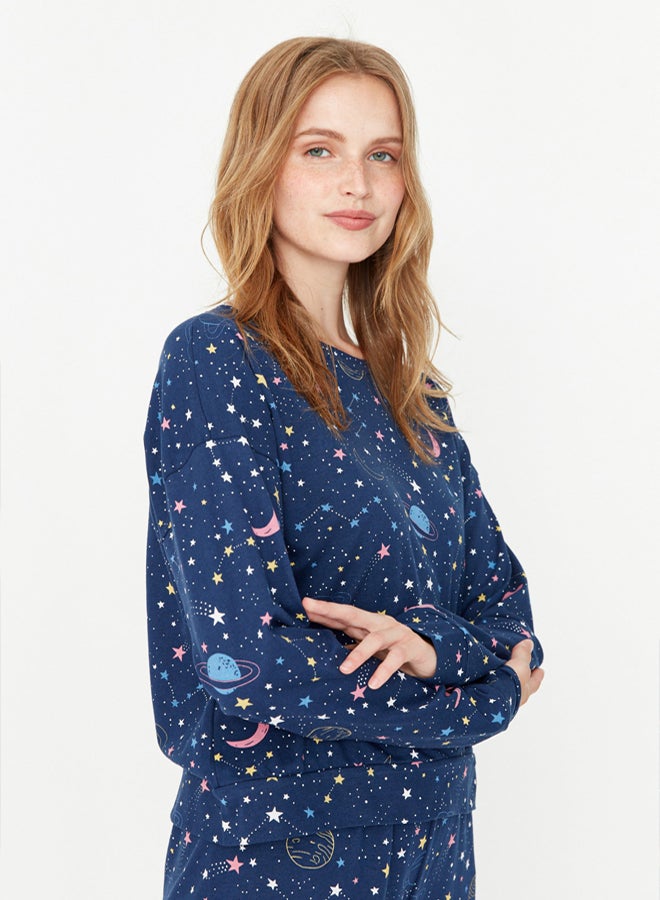 trendyol Navy Blue 100% Cotton Galaxy Patterned Knitted Pajama Set - Image 3