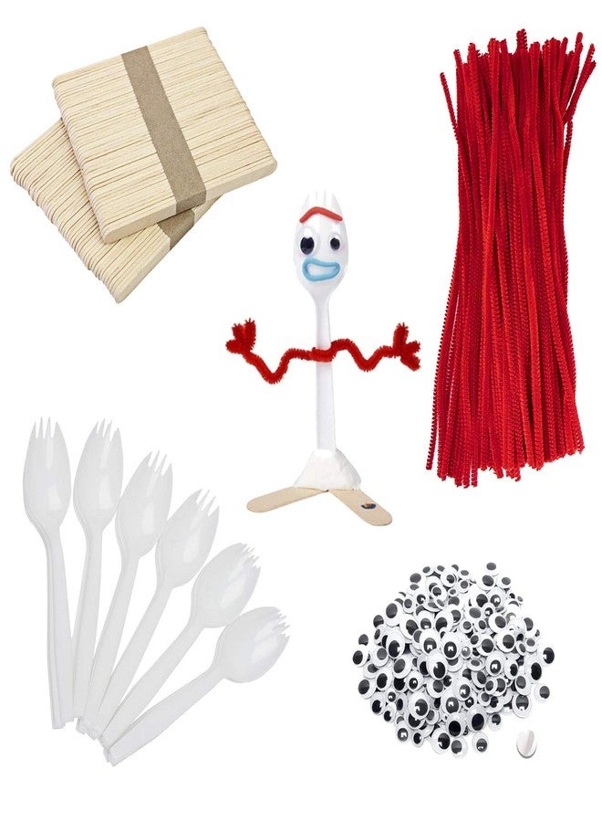 KAISHANE Fork Creativity Set, 100 Sets Forky DIY Creative Crafts Pack Plastic Sporks Red Pipe Cleaners Googly Eyes Popsicle Stick - Image 1