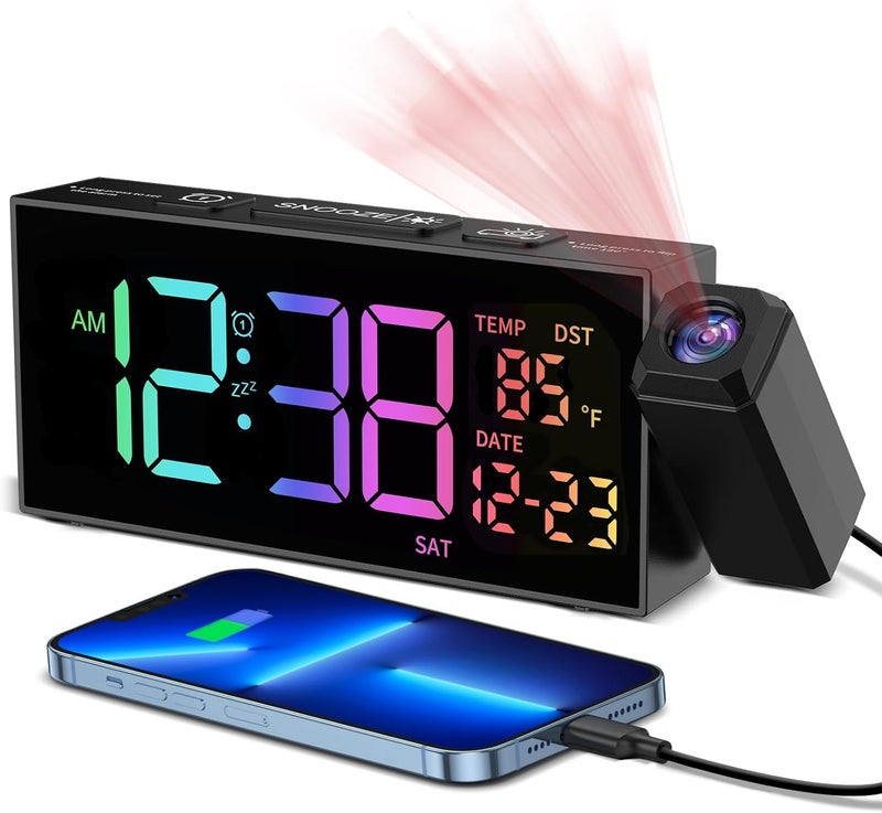 Netzu Projection Clock for Bedroom Ceiling, Alarm Clocks with 180° Rotatable Projector, Date Temperature and Weekday, Manual DST, 5 Brightness, 10 Ringtones, 4 Volumes and Snooze (RGB) - Image 1