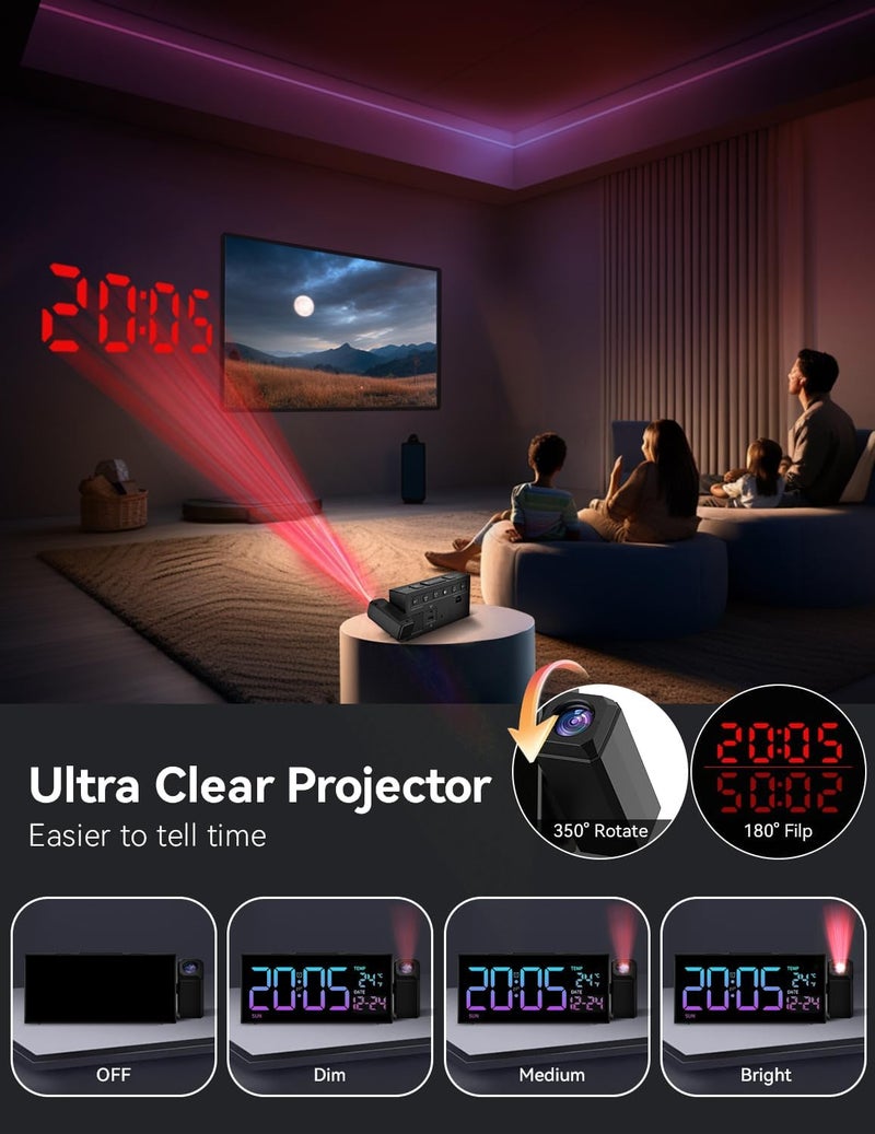 Netzu Projection Clock for Bedroom Ceiling, Alarm Clocks with 180° Rotatable Projector, Date Temperature and Weekday, Manual DST, 5 Brightness, 10 Ringtones, 4 Volumes and Snooze (RGB) - Image 3