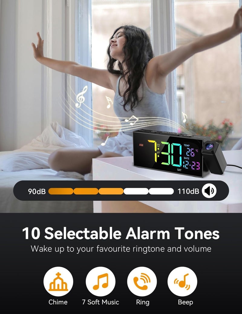 Netzu Projection Clock for Bedroom Ceiling, Alarm Clocks with 180° Rotatable Projector, Date Temperature and Weekday, Manual DST, 5 Brightness, 10 Ringtones, 4 Volumes and Snooze (RGB) - Image 4