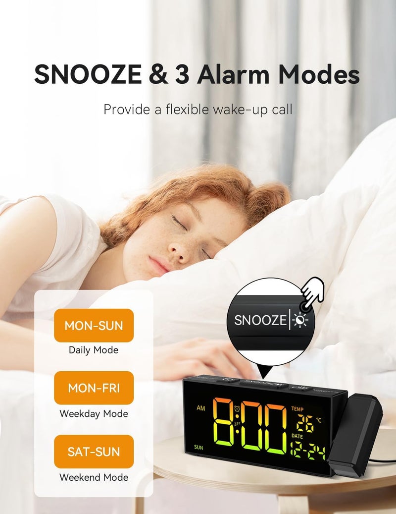 Netzu Projection Clock for Bedroom Ceiling, Alarm Clocks with 180° Rotatable Projector, Date Temperature and Weekday, Manual DST, 5 Brightness, 10 Ringtones, 4 Volumes and Snooze (RGB) - Image 5