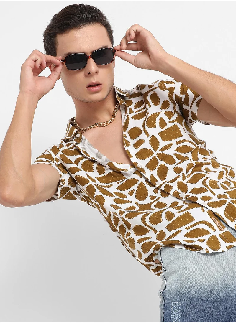 Campus Sutra Men's White & Brown Contrast Block Shirt