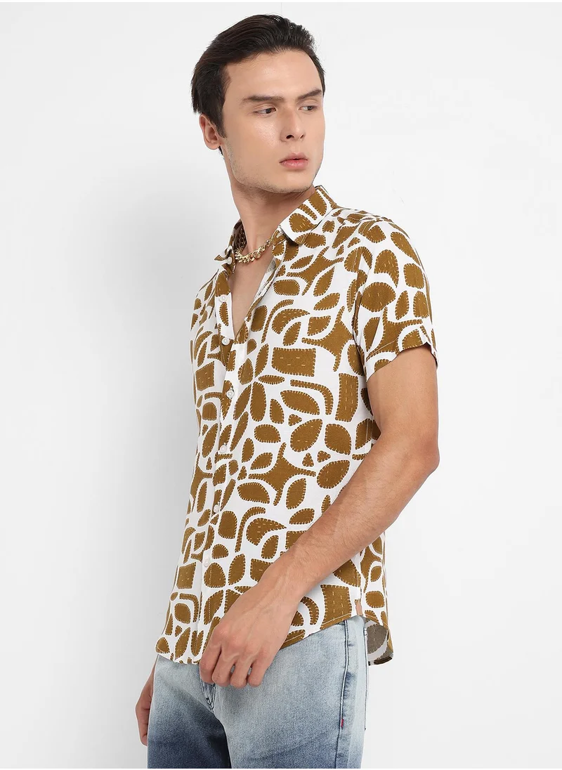 Campus Sutra Men's White & Brown Contrast Block Shirt