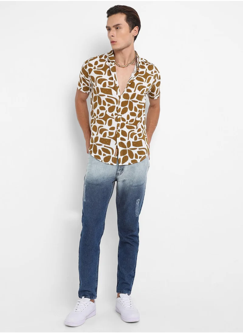 Campus Sutra Men's White & Brown Contrast Block Shirt