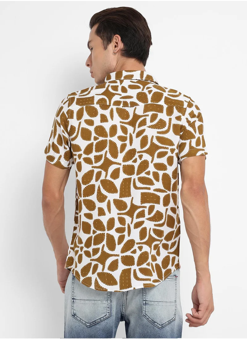 Campus Sutra Men's White & Brown Contrast Block Shirt