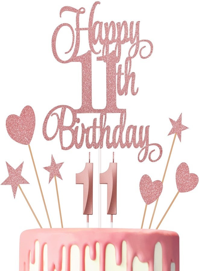 Lecferrarc 11th Birthday Cake Decorations, 11th Birthday Candles Cake Numeral Candles and Glitter Happy 11th Birthday Cake Toppers Set for Birthday Party Supplies (Rose Gold) - Image 1
