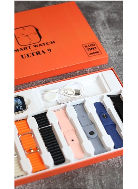 Smart Watch Ultra 9, ninth edition, 7 in 1, to calculate calories, receive messages and calls, supports the Arabic language, comes with 7 additional bracelets, size 49 mm - multi-color