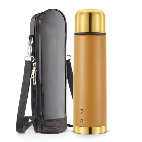 Perch California Hot and Cold Steel Water Bottle 1 LTR, ISI Certified, Vacuum Insulated with Transparent Black Bag | Leak Proof, BPA-Free | Premium Gifting Flask for Office, School, Gym | Gold-Amber - Image 1