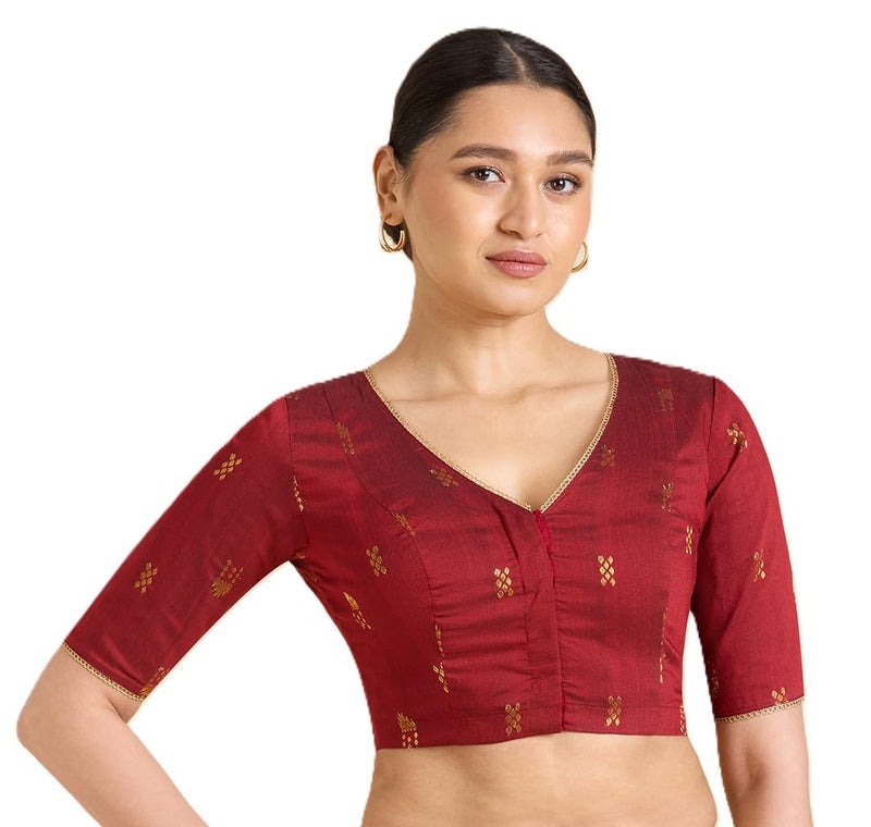 Studio Shringaar Women's Handloom Cotton Silk Readymade Saree Blouse (Maroon, 38) - Image 1