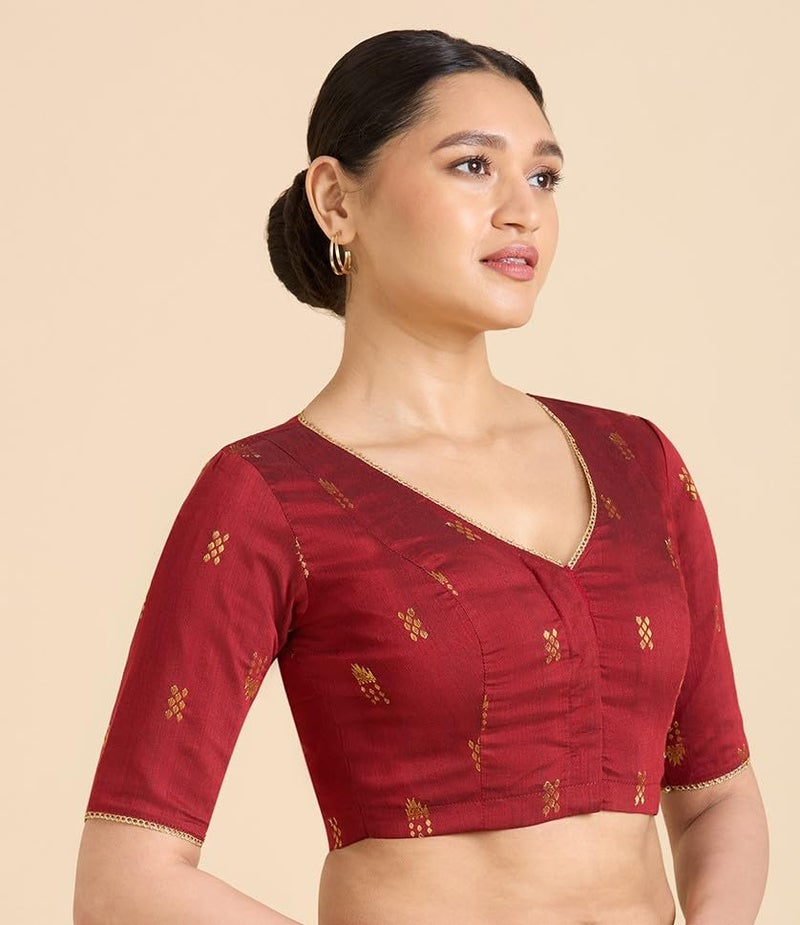 Studio Shringaar Women's Handloom Cotton Silk Readymade Saree Blouse (Maroon, 38) - Image 4
