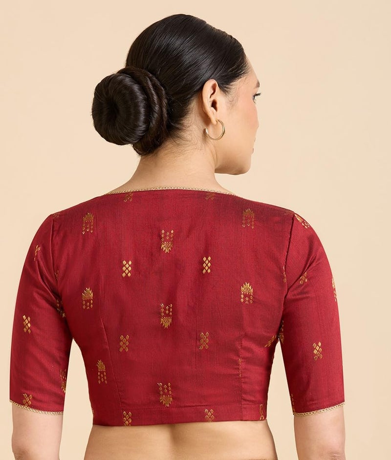 Studio Shringaar Women's Handloom Cotton Silk Readymade Saree Blouse (Maroon, 38) - Image 2