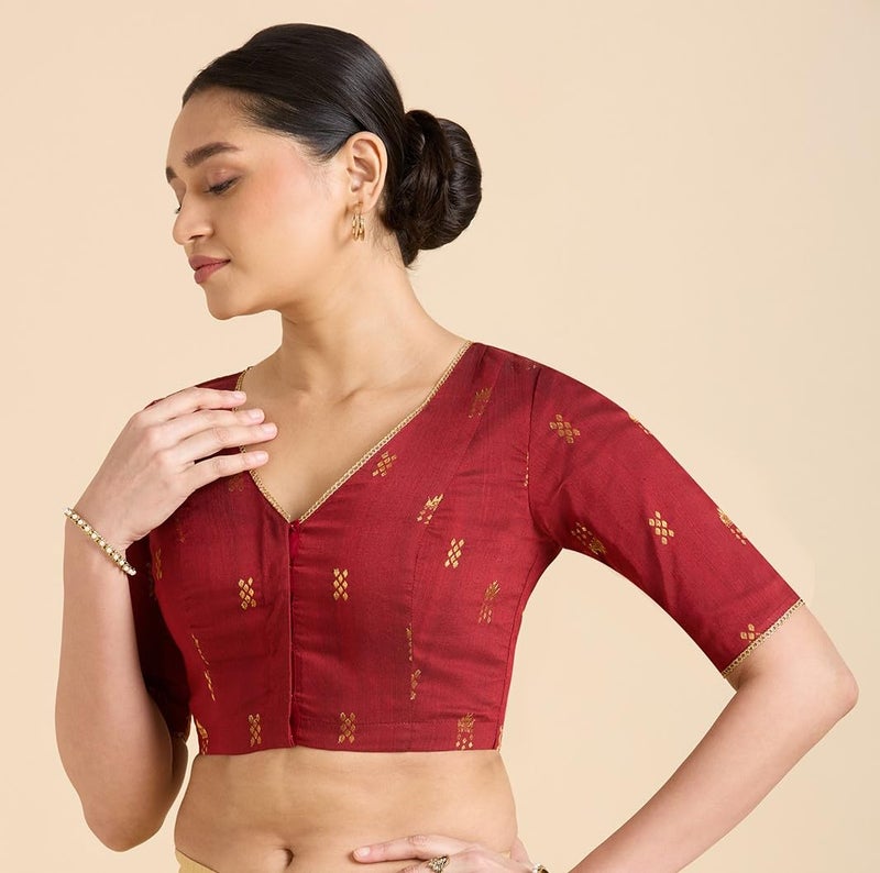 Studio Shringaar Women's Handloom Cotton Silk Readymade Saree Blouse (Maroon, 38) - Image 3