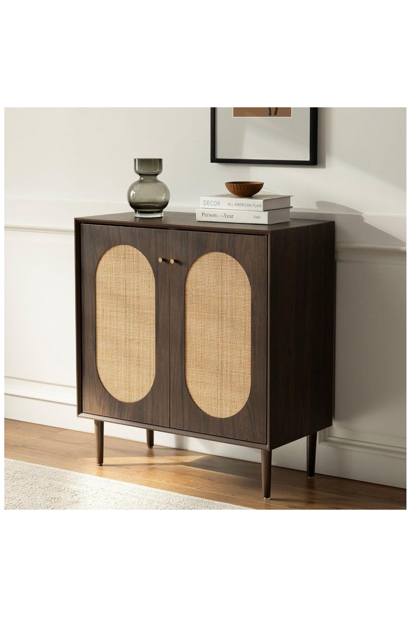 شوغوري خزانة تخزين Accent مع أبواب من الروطان، خزانة مطبخ من خشب الجوز، خزانة بار مطبخ، خزانة مزرعة مع أرفف قابلة للتعديل لغرفة الطعام، لون بني - Image 1