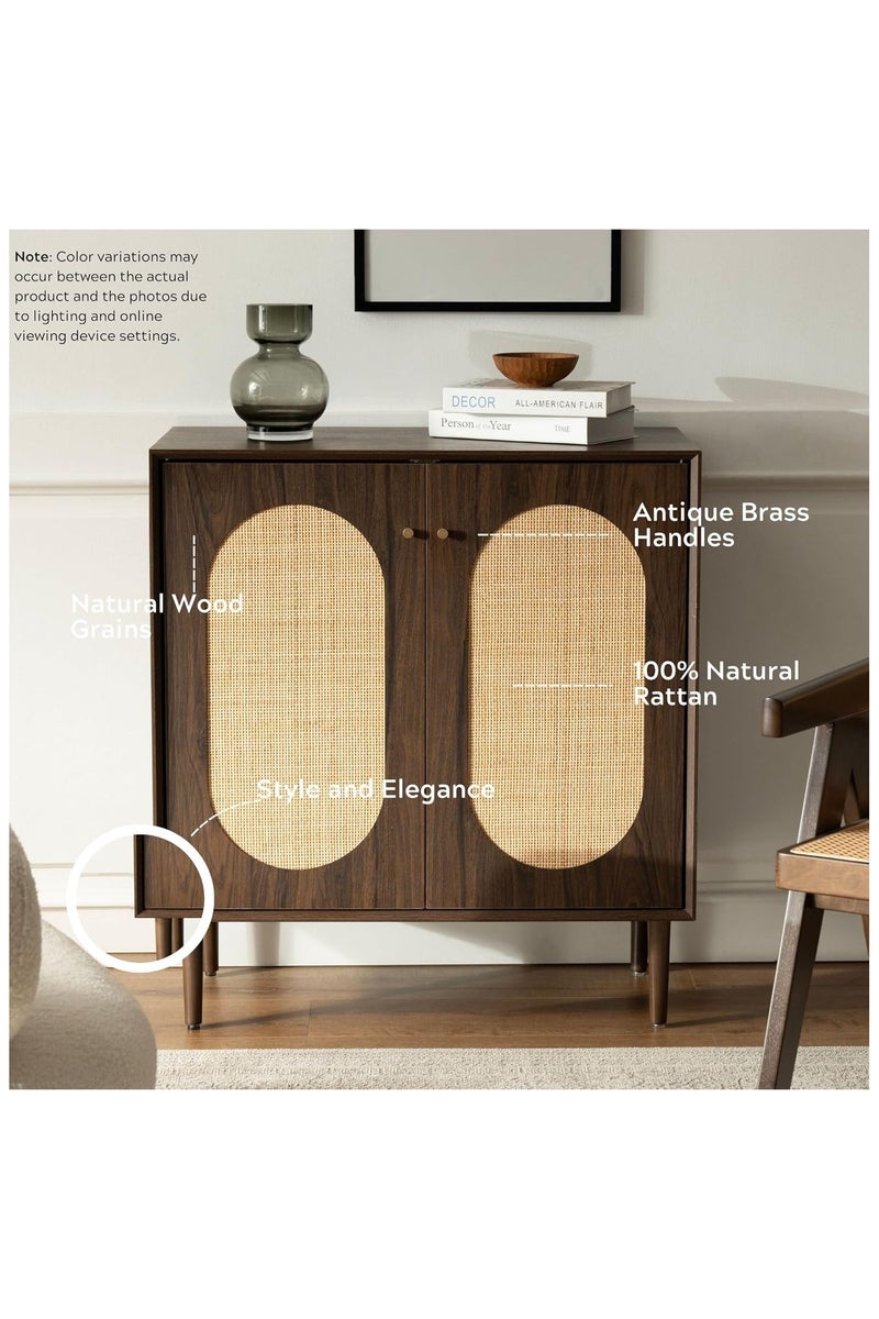 شوغوري خزانة تخزين Accent مع أبواب من الروطان، خزانة مطبخ من خشب الجوز، خزانة بار مطبخ، خزانة مزرعة مع أرفف قابلة للتعديل لغرفة الطعام، لون بني - Image 3