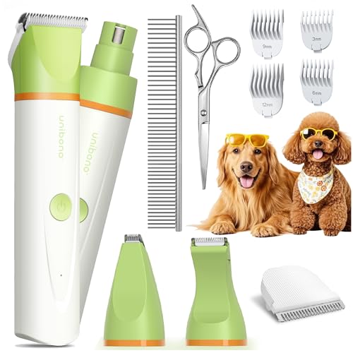 unibono Dog Grooming Kit with Paw Trimmer, All-in-One Low Noise Electric Rechargeable Small Quiet Pet Clippers Foot Dog Hair Shaver with Stainless Steel Scissors and Comb for Dogs at Home (Green) - Image 1