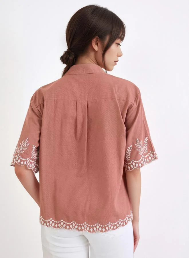 Styli Styli Brown Floral Embroidered Shirt
