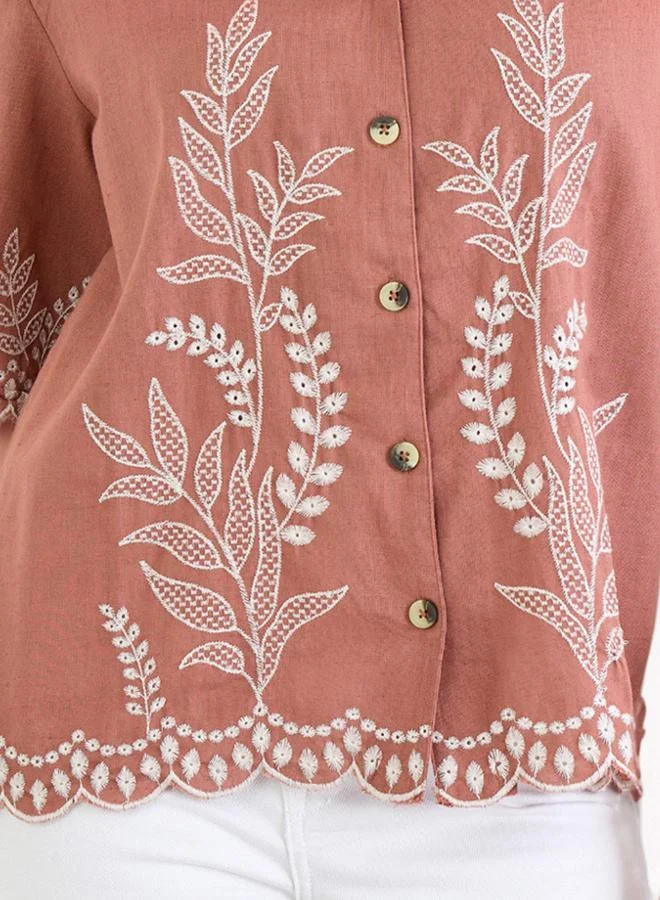 Styli Styli Brown Floral Embroidered Shirt