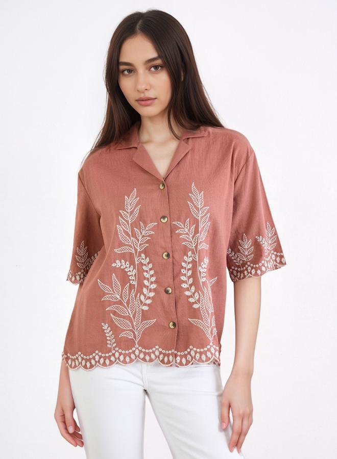 Styli Brown Floral Embroidered Shirt - Image 1