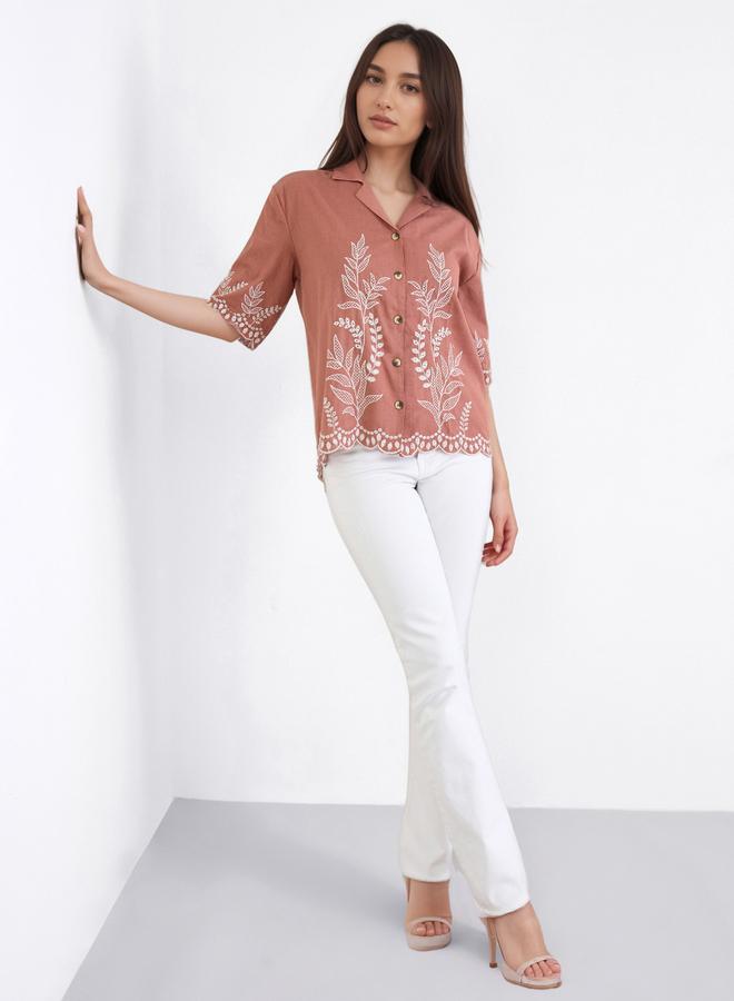 Styli Brown Floral Embroidered Shirt - Image 2