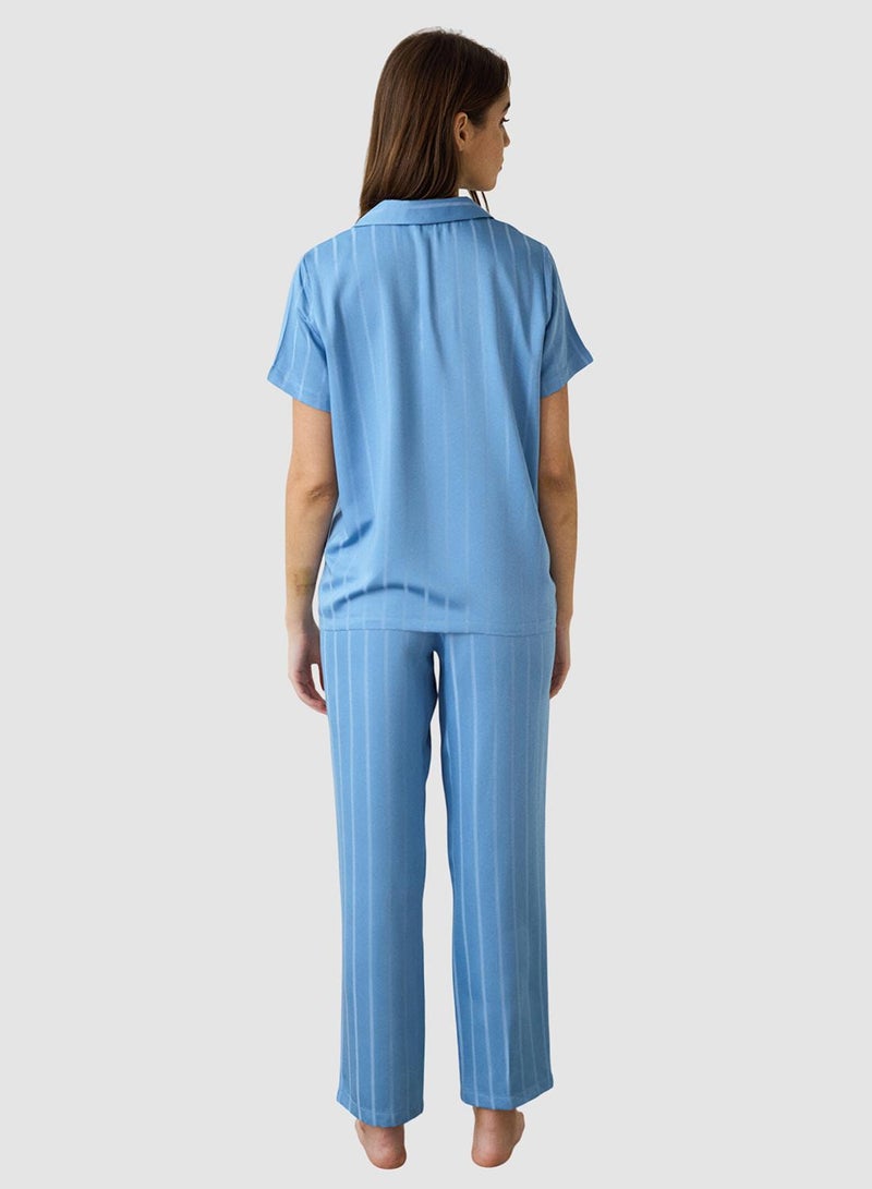 Penti Blue Luna Satin Shirt Collar Short Sleeve Pyjamas Set - Image 2