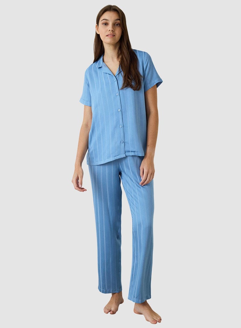 Penti Blue Luna Satin Shirt Collar Short Sleeve Pyjamas Set - Image 1
