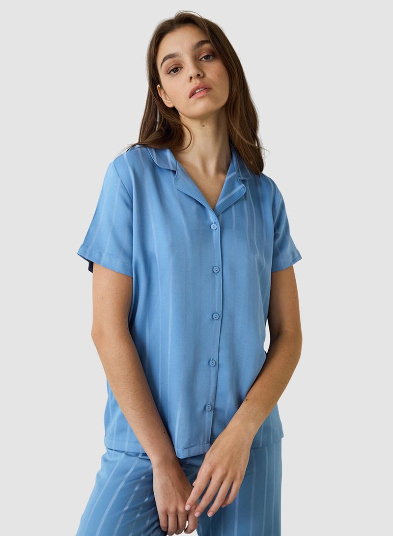 Penti Blue Luna Satin Shirt Collar Short Sleeve Pyjamas Set - Image 3