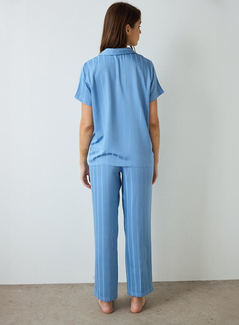Penti Blue Luna Satin Shirt Collar Short Sleeve Pyjamas Set - Image 4
