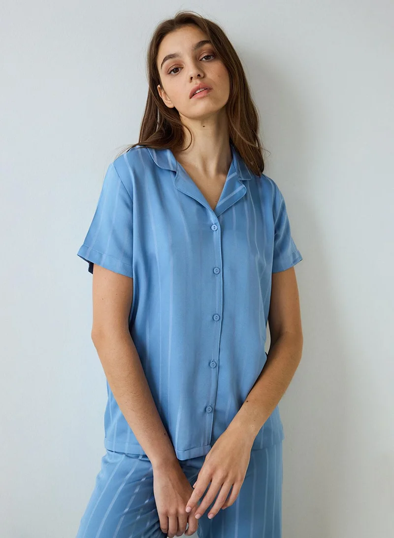 Penti Blue Luna Satin Shirt Collar Short Sleeve Pyjamas Set