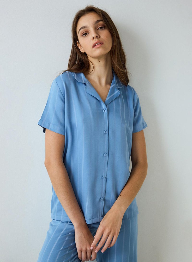 Penti Blue Luna Satin Shirt Collar Short Sleeve Pyjamas Set - Image 2
