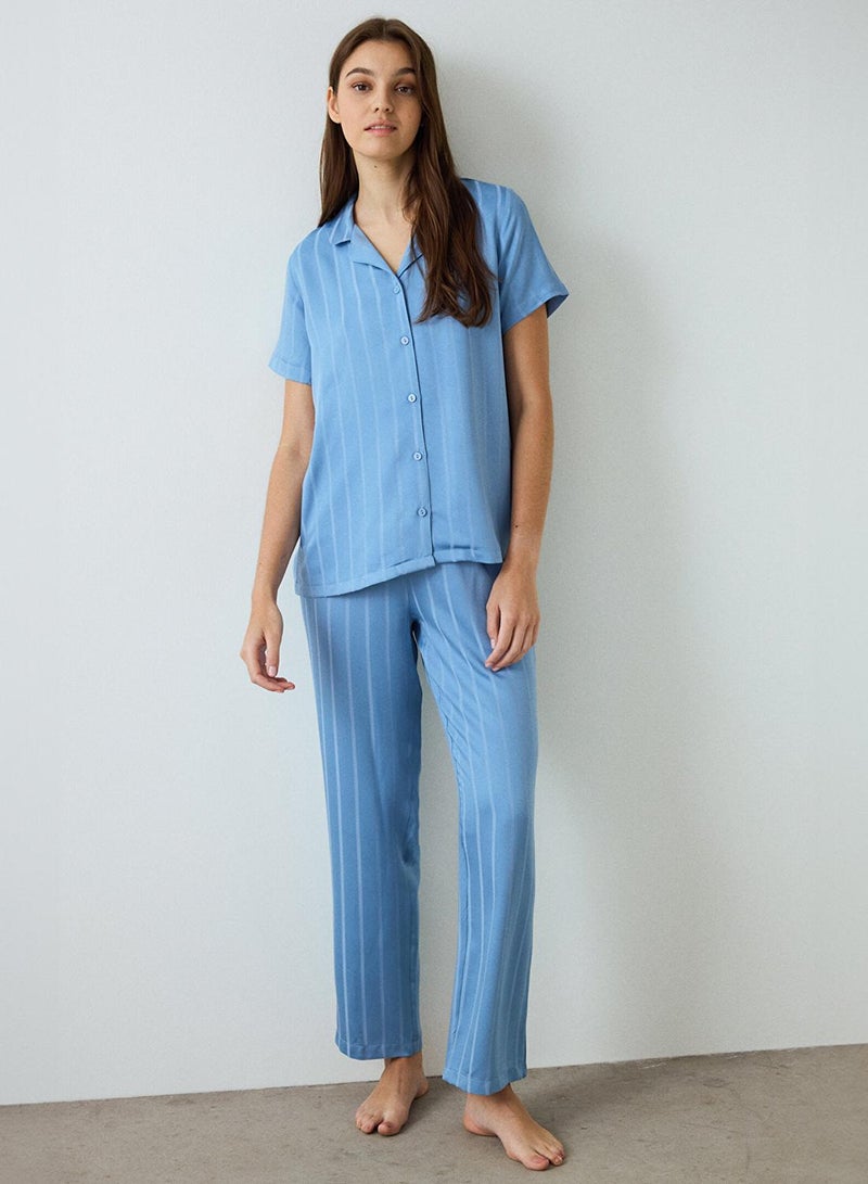 Penti Blue Luna Satin Shirt Collar Short Sleeve Pyjamas Set - Image 1