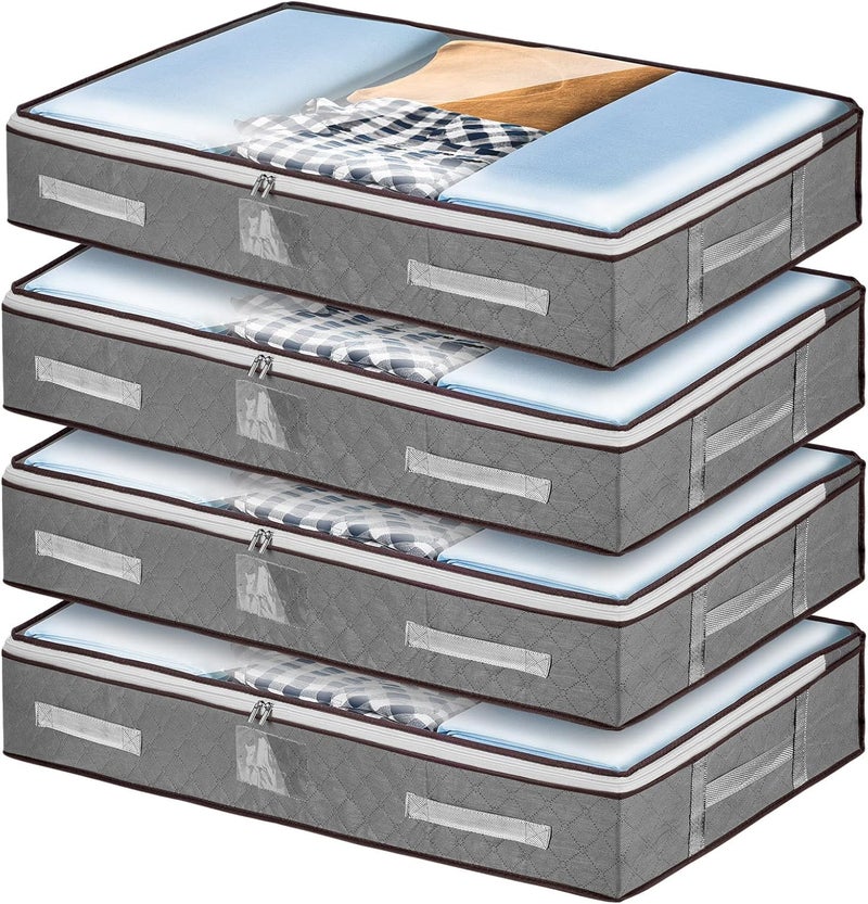 4 Pack Underbed Storage Bags with Clear Window - Foldable Large Clothing & Bedding Organizers with Reinforced Handles and Zips, Grey - Image 1