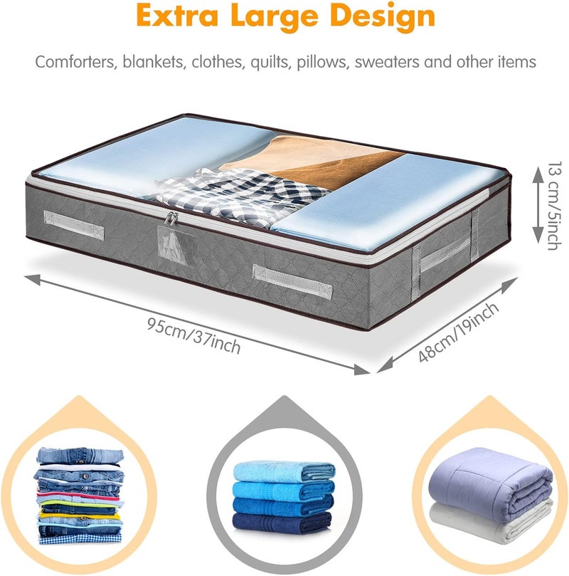 4 Pack Underbed Storage Bags with Clear Window - Foldable Large Clothing & Bedding Organizers with Reinforced Handles and Zips, Grey - Image 2