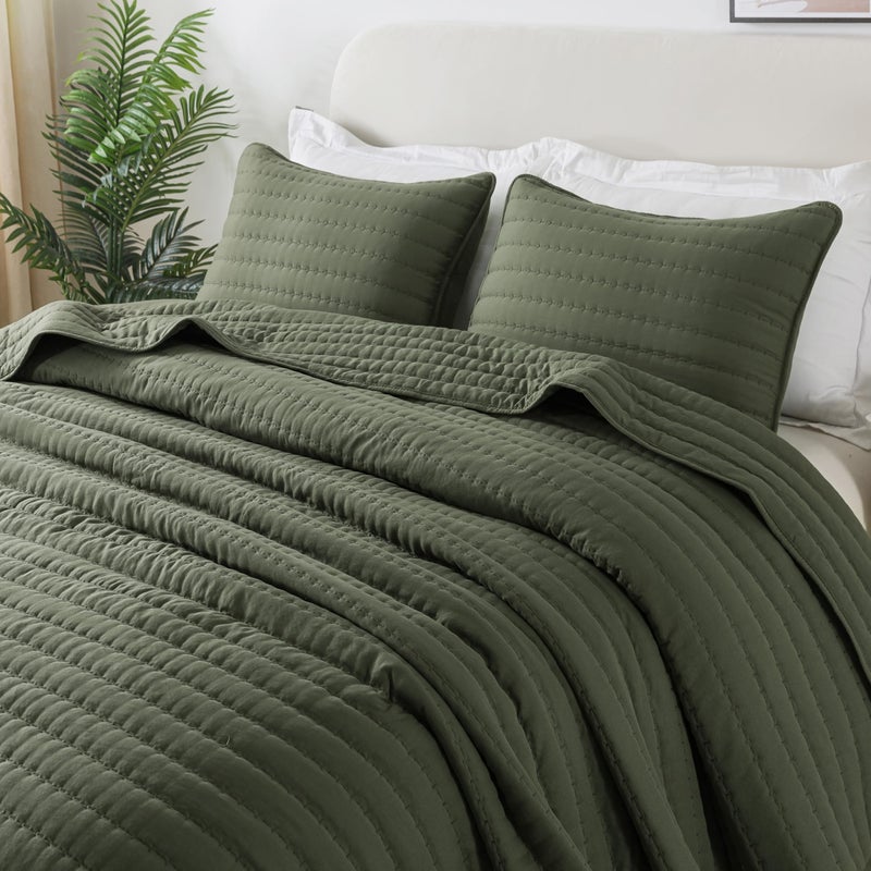 ROARINGWILD Olive Green Queen Size Quilt Set, Striped Pick Stitch Lightweight Bedspread, Soft Channel Farmhouse Rustic Coverlet, Spring Summer Thin Comforter, Country Bedding, 90x90 inches - Image 1
