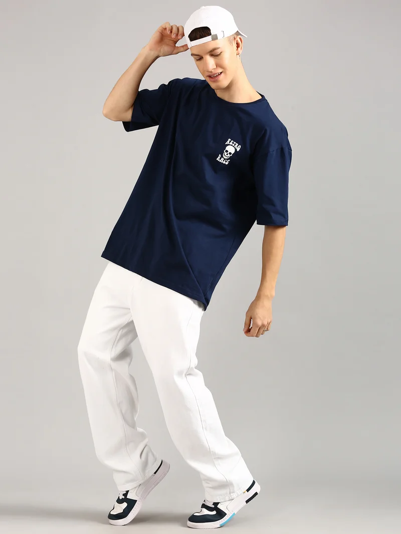 Joven Men Navy Blue Printed Pure Cotton Oversized T-Shirt