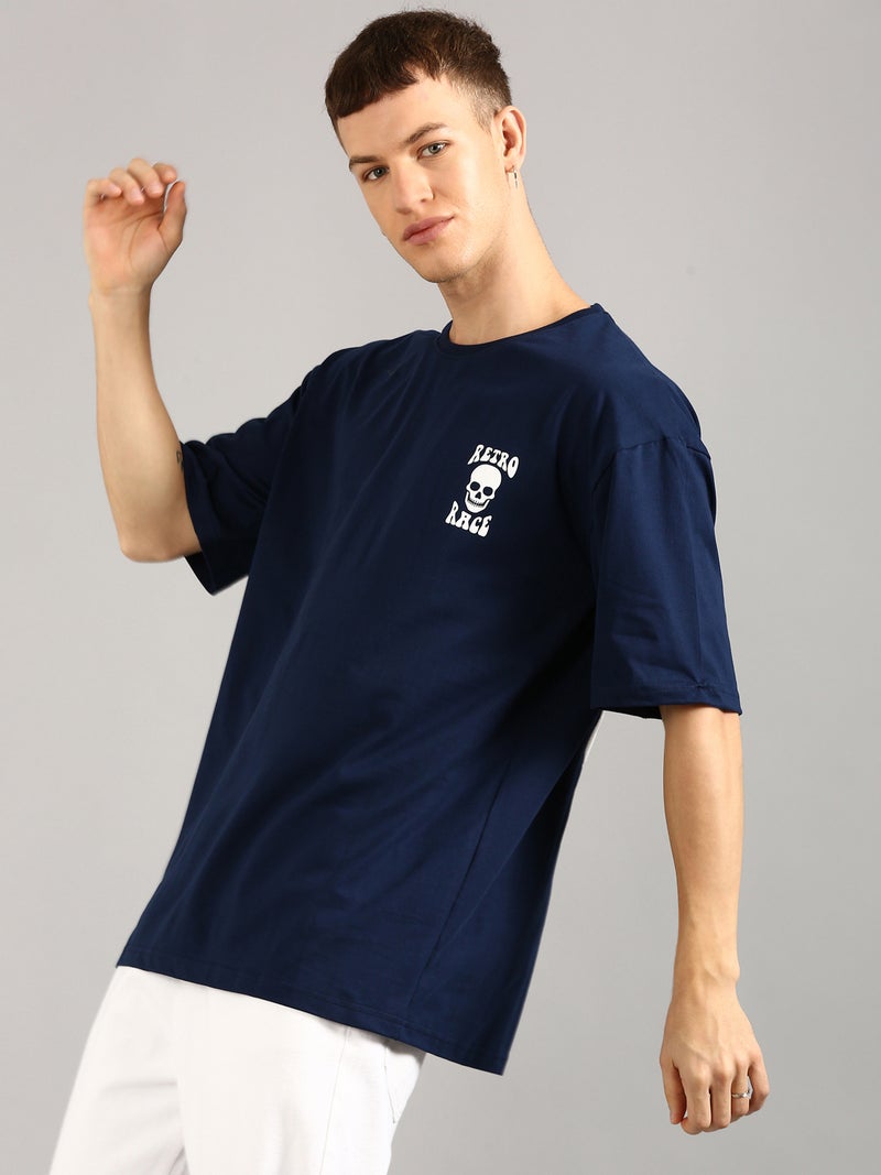 Joven Men Navy Blue Printed Pure Cotton Oversized T-Shirt - Image 3