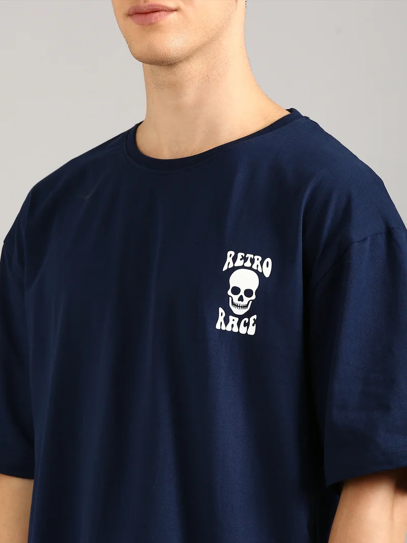 Joven Men Navy Blue Printed Pure Cotton Oversized T-Shirt