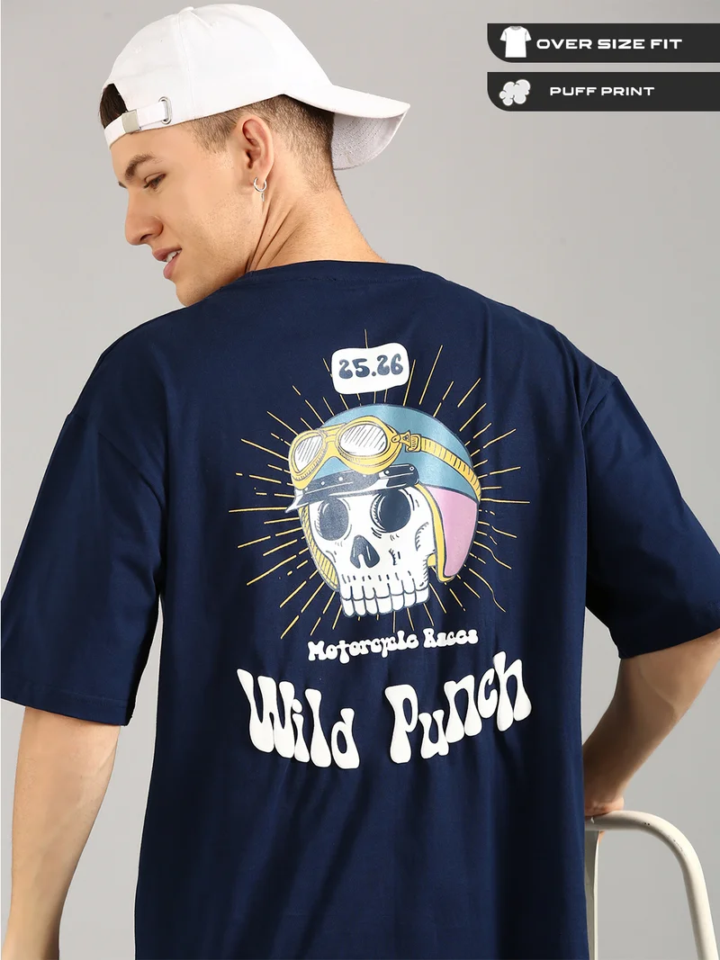Joven Men Navy Blue Printed Pure Cotton Oversized T-Shirt