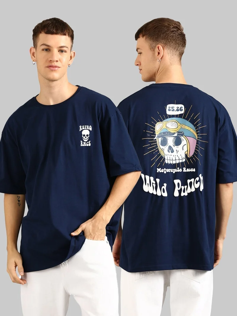 Joven Men Navy Blue Printed Pure Cotton Oversized T-Shirt