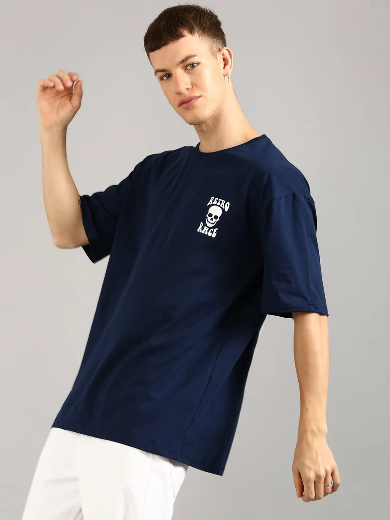 Joven Men Navy Blue Printed Pure Cotton Oversized T-Shirt