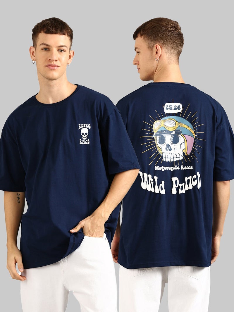 Joven Men Navy Blue Printed Pure Cotton Oversized T-Shirt - Image 1